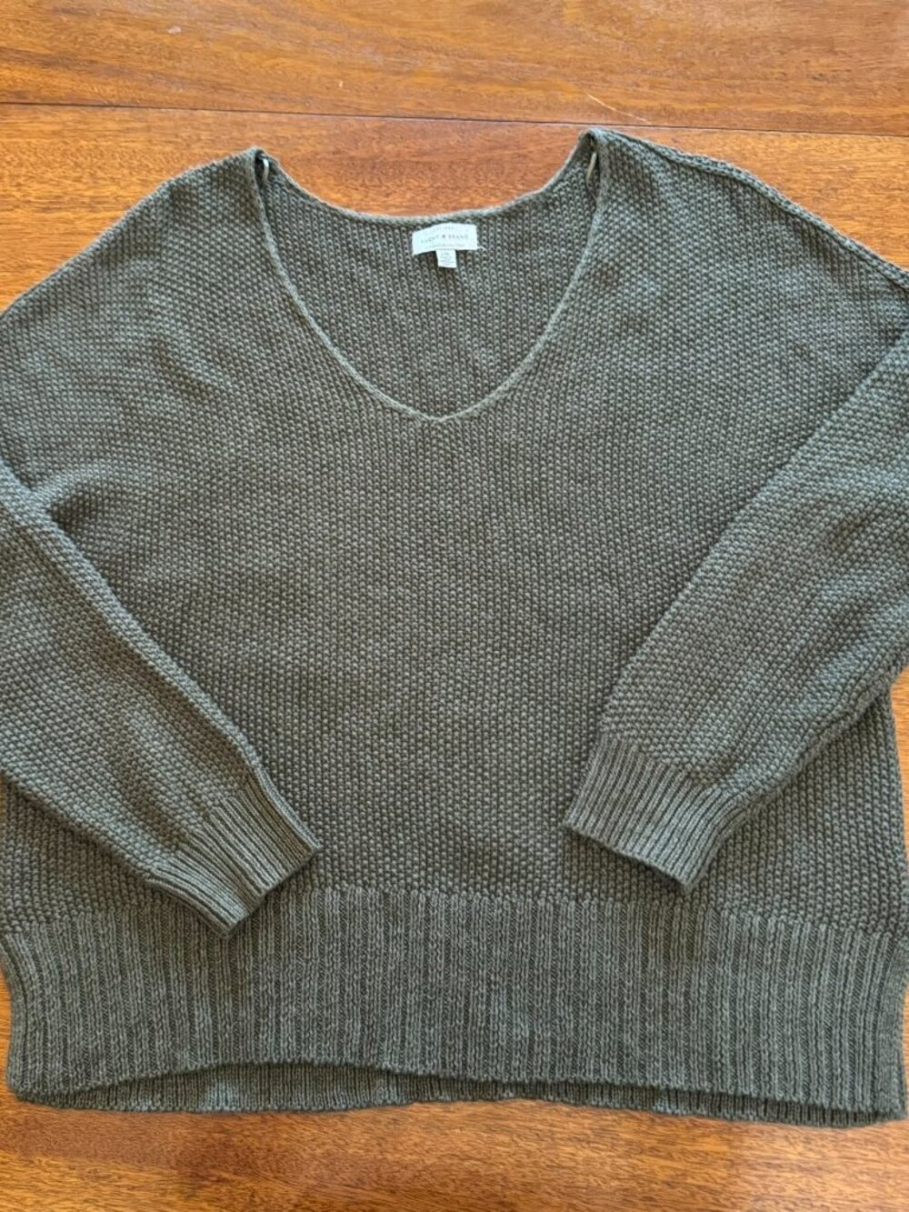 Lucky Brand Olive V Neck Textured Knit Sweater L Cotton Blend Relaxed